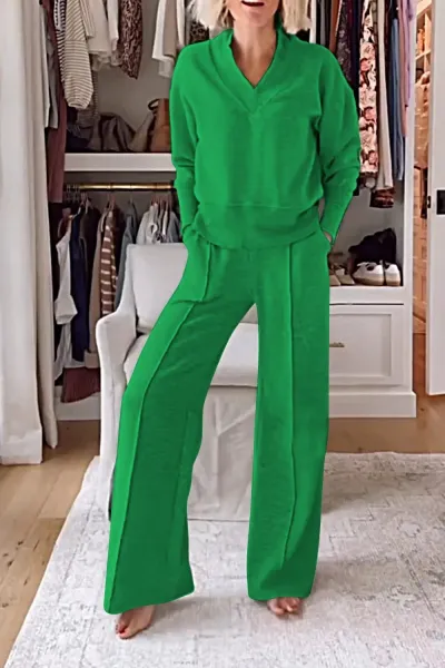 Women Casual V-Neck Long Sleeve Top Wide Leg Pants Set
