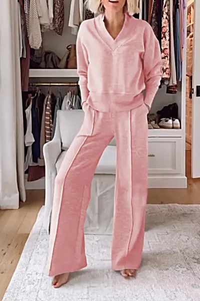 Women Casual V-Neck Long Sleeve Top Wide Leg Pants Set