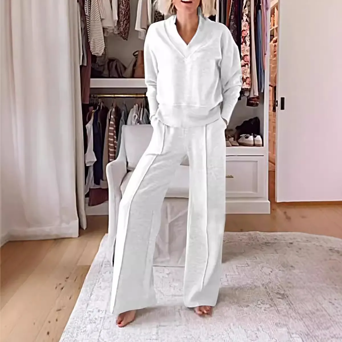 Women Casual V-Neck Long Sleeve Top Wide Leg Pants Set