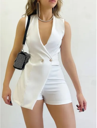 Women Fashion Solid Color V Sleeveless Rompers