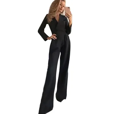 Women Fashion Solid Color V-Neck Long Sleeve Wide Leg Jumpsuits