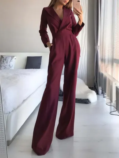 Women Fashion Solid Color V-Neck Long Sleeve Wide Leg Jumpsuits