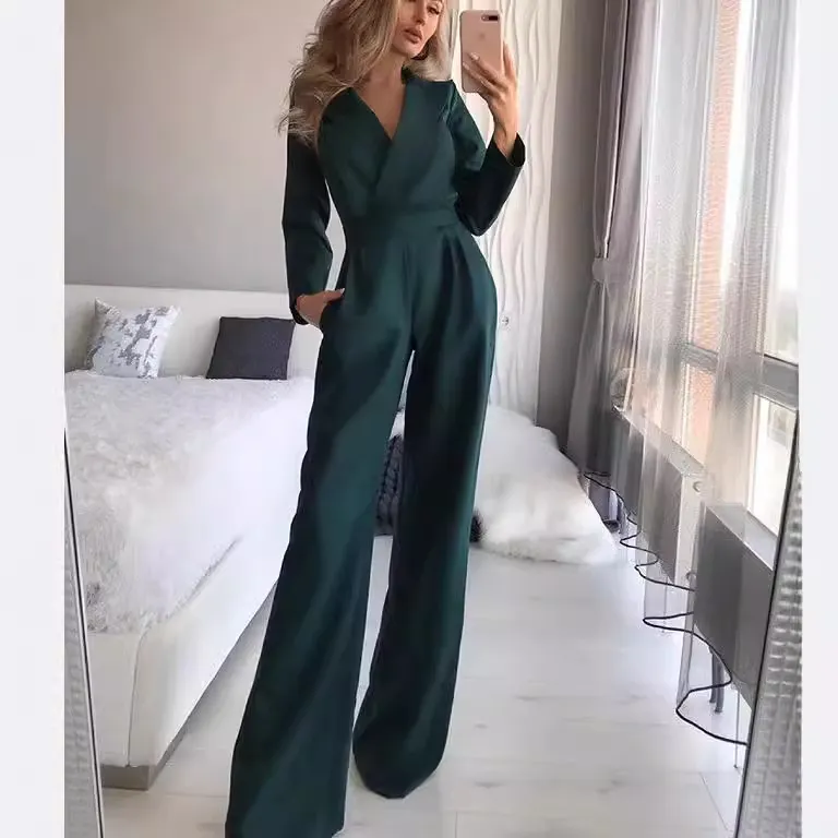 Women Fashion Solid Color V-Neck Long Sleeve Wide Leg Jumpsuits