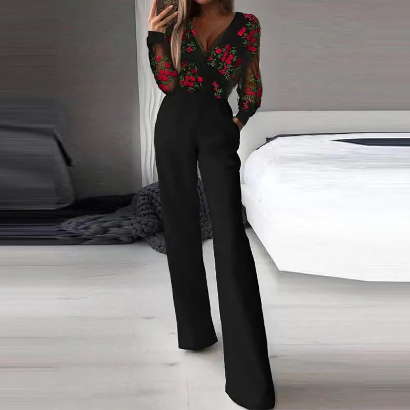 Summer Women Fashion Sexy Deep V Mesh Floral Long Sleeve Stitching Jumpsuits