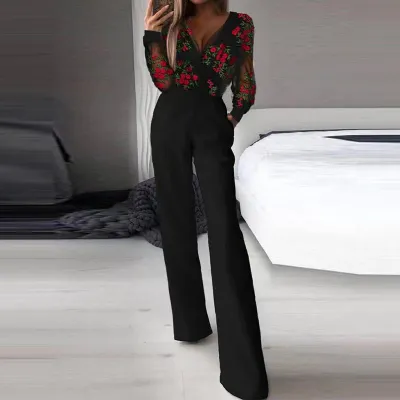 Summer Women Fashion Sexy Deep V Mesh Floral Long Sleeve Stitching Jumpsuits