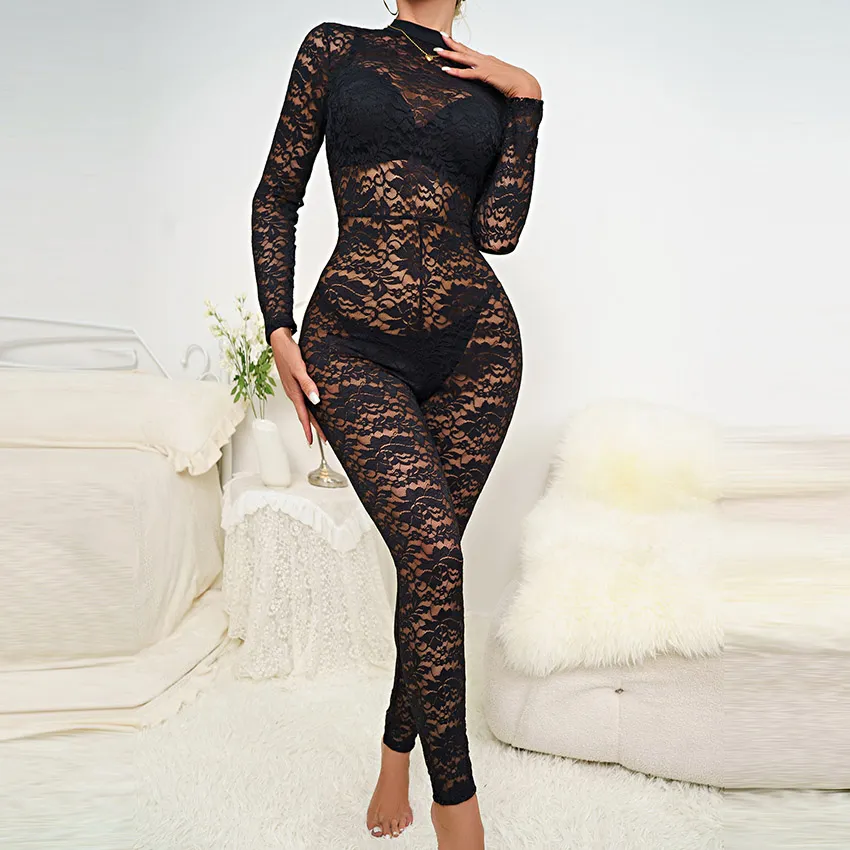 Women Fashion Sexy Lace Jacquard Hollow-Out Long Sleeve Jumpsuits