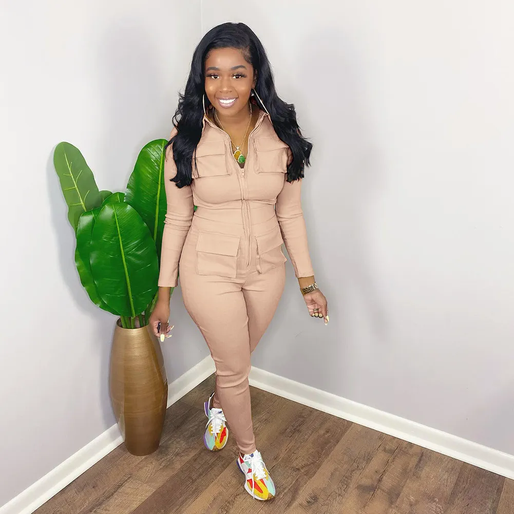 Women Fashion Solid Color Long Sleeve Zipper Multi Pocket Cargo Jumpsuits