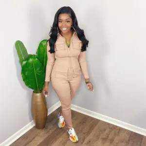 Women Fashion Solid Color Long Sleeve Zipper Multi Pocket Cargo Jumpsuits