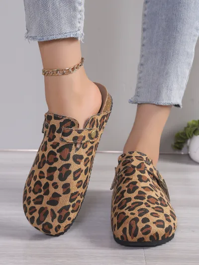 Women Vintage Plus Size Leopard Print Thick Soled Slip On Mules Shoes