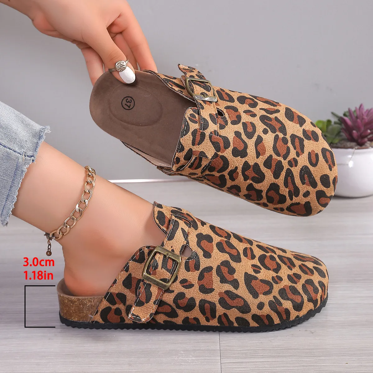 Women Vintage Plus Size Leopard Print Thick Soled Slip On Mules Shoes