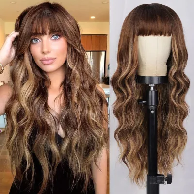 Women Fashion Air Bangs Long Curly Natural Wig Headgear