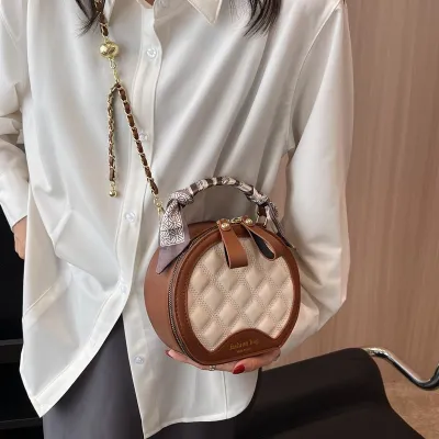 Women Fashion Solid Color Rhombic Zipper Round Chain Crossbody Bag Medium
