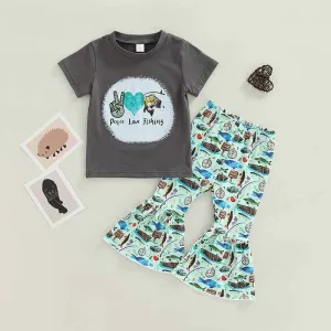 Kids Toddler Girls Casual Cute Print Short Sleeve T-Shirt Flare Trousers Set Two-Piece Cotton Pullover