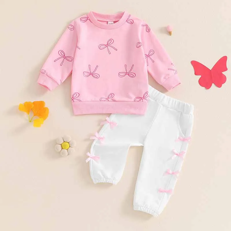 Kids Toddler Girls Casual Cute Bow Print Long Sleeve Sweatshirt Pants Two-Piece Set