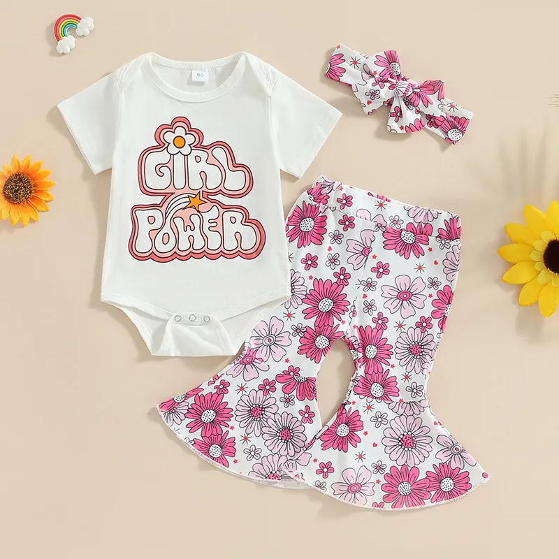 Kids Baby Girls Casual Cute Alphabet Print Short Sleeve Romper Floral Flare Trousers Sets