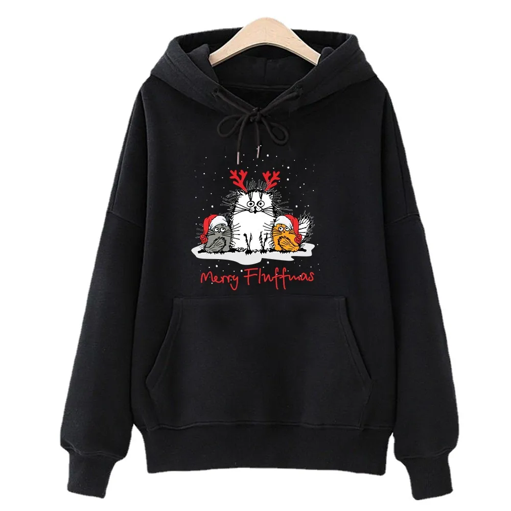 Women Cute Christmas Cat Print Round Neck Long Sleeve Pullover Hoodies