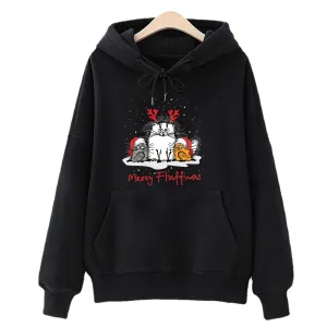 Women Cute Christmas Cat Print Round Neck Long Sleeve Pullover Hoodies