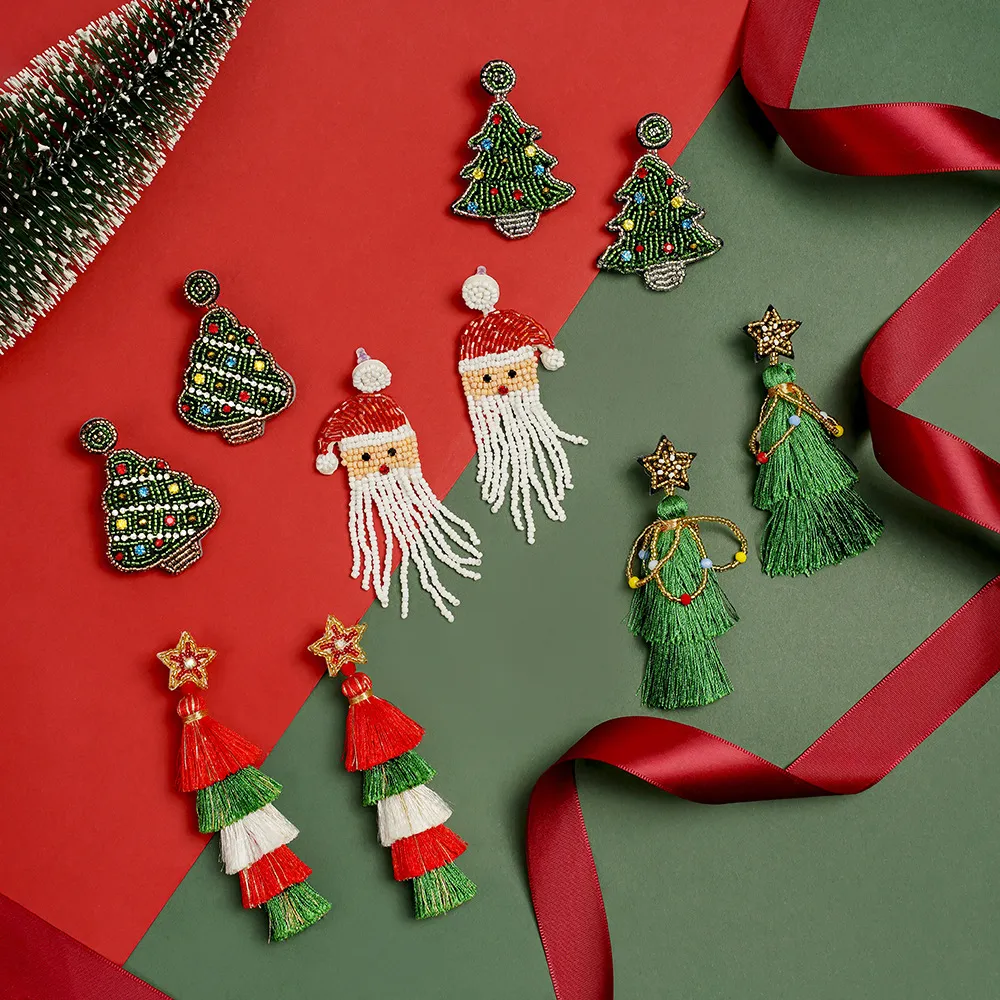 Women Cartoon Handmade Beaded Christmas Tree Santa Claus Rice Bead Earrings