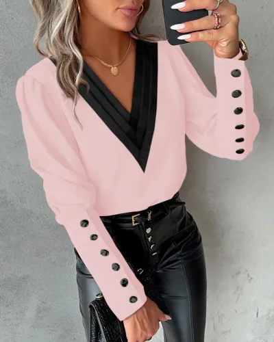 Women's V-Neck Long Sleeve Button Blouse - Elegant Polyester Top