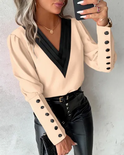 Women's V-Neck Long Sleeve Button Blouse - Elegant Polyester Top