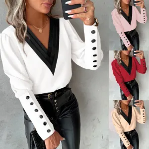 Women's V-Neck Long Sleeve Button Blouse - Elegant Polyester Top