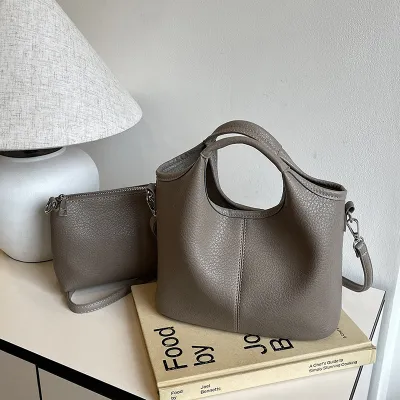 Women Fashion Solid Color Retro Two-In-One Handle PU Shoulder HandBag