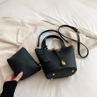 Women Fashion Lychee Pattern Solid Color 2-In-1 Handle Shoulder Bucket Bag