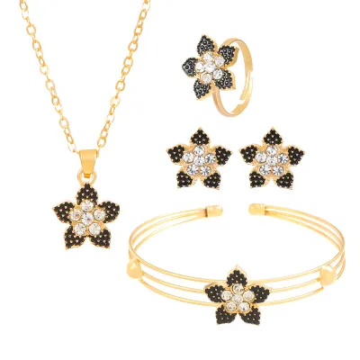 Women Fashion Exaggerated Heart Shaped Butterfly Floral Letters Earrings Ring Bracelet Necklace Jewelry Set