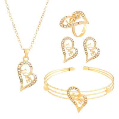 Women Fashion Exaggerated Heart Shaped Butterfly Floral Letters Earrings Ring Bracelet Necklace Jewelry Set