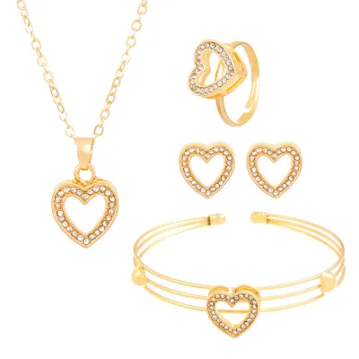 Women Fashion Exaggerated Heart Shaped Butterfly Floral Letters Earrings Ring Bracelet Necklace Jewelry Set