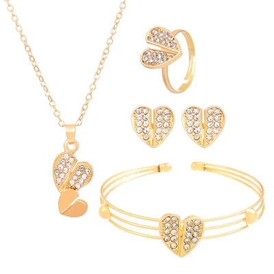 Women Fashion Exaggerated Heart Shaped Butterfly Floral Letters Earrings Ring Bracelet Necklace Jewelry Set