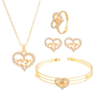 Women Fashion Exaggerated Heart Shaped Butterfly Floral Letters Earrings Ring Bracelet Necklace Jewelry Set