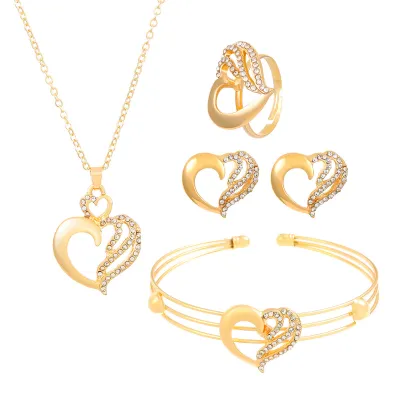 Women Fashion Exaggerated Heart Shaped Butterfly Floral Letters Earrings Ring Bracelet Necklace Jewelry Set