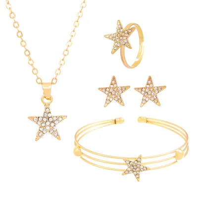 Women Fashion Exaggerated Heart Shaped Butterfly Floral Letters Earrings Ring Bracelet Necklace Jewelry Set