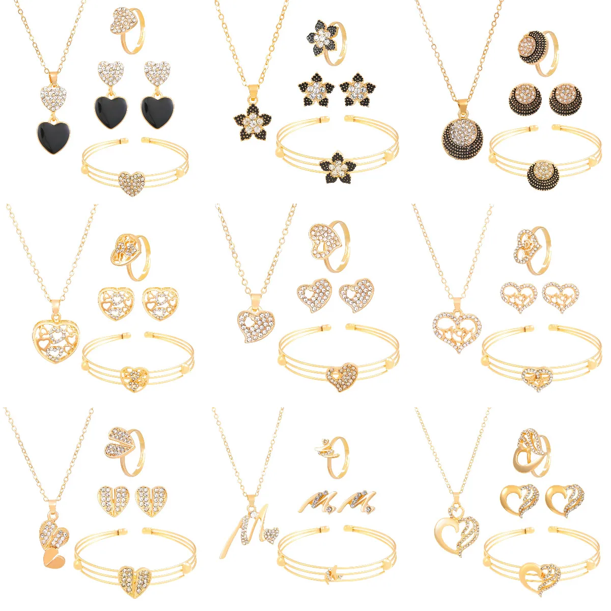 Women Fashion Exaggerated Heart Shaped Butterfly Floral Letters Earrings Ring Bracelet Necklace Jewelry Set
