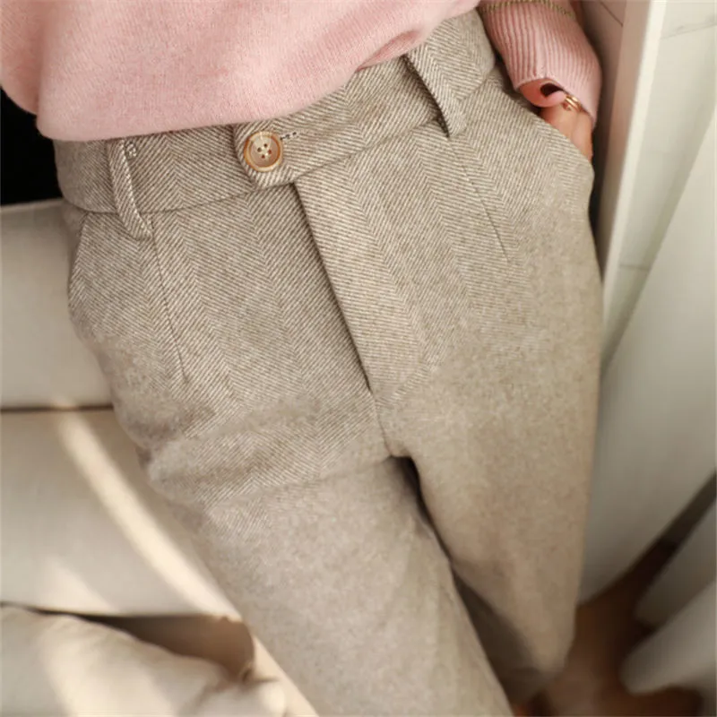 Autumn Winter Women High Waist Herringbone Wool Straight Leg Pants