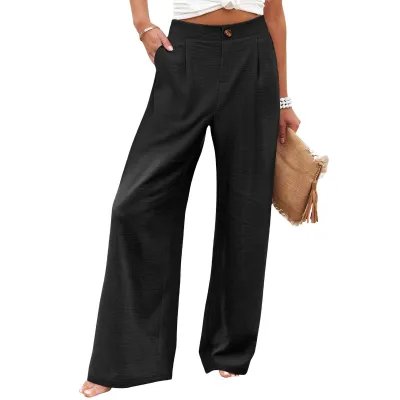 Women Fashion Casual Stripe Floral Printed High Waist Button Wide Leg Pants