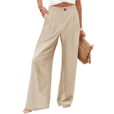 Women Fashion Casual Stripe Floral Printed High Waist Button Wide Leg Pants