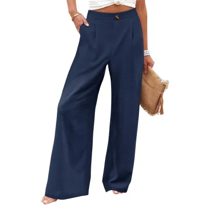 Women Fashion Casual Stripe Floral Printed High Waist Button Wide Leg Pants