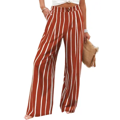 Women Fashion Casual Stripe Floral Printed High Waist Button Wide Leg Pants