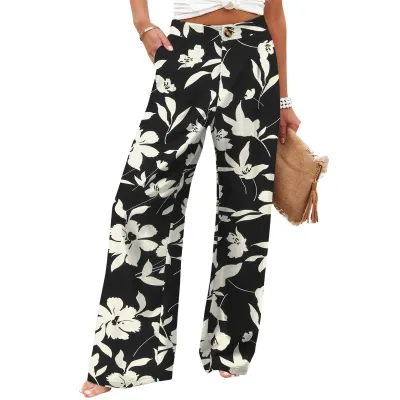 Women Fashion Casual Stripe Floral Printed High Waist Button Wide Leg Pants