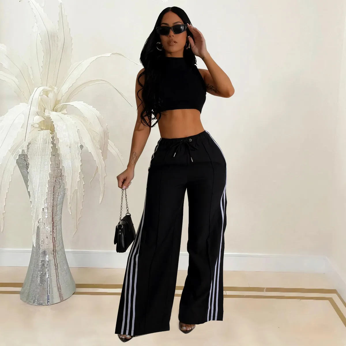 Women Casual Solid Color Split Wide Leg Pants