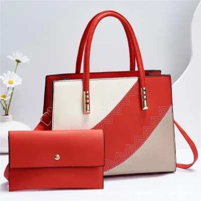 Women Fashion Contrast Large Capacity Handbag Sets with Zipper Closure PU Leather