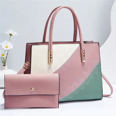 Women Fashion Contrast Large Capacity Handbag Sets with Zipper Closure PU Leather