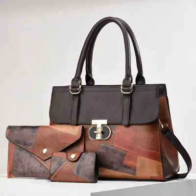 Women Fashion Contrast Color Stitching Large Capacity Handbag Sets