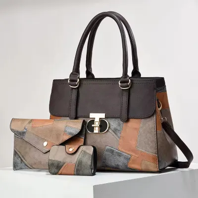 Women Fashion Contrast Color Stitching Large Capacity Handbag Sets