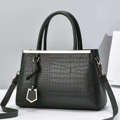 Simple Solid Color Crocodile Print Large Capacity PU Leather Handbags with Zipper
