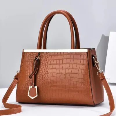 Simple Solid Color Crocodile Print Large Capacity PU Leather Handbags with Zipper