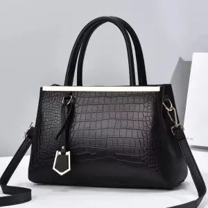 Simple Solid Color Crocodile Print Large Capacity PU Leather Handbags with Zipper