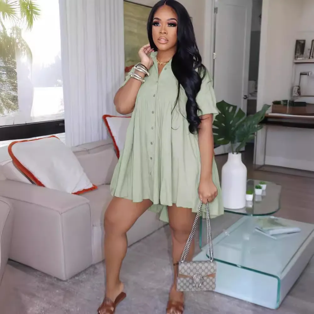 Women Short-Sleeved Loose Summer A-Line Shirt Dress